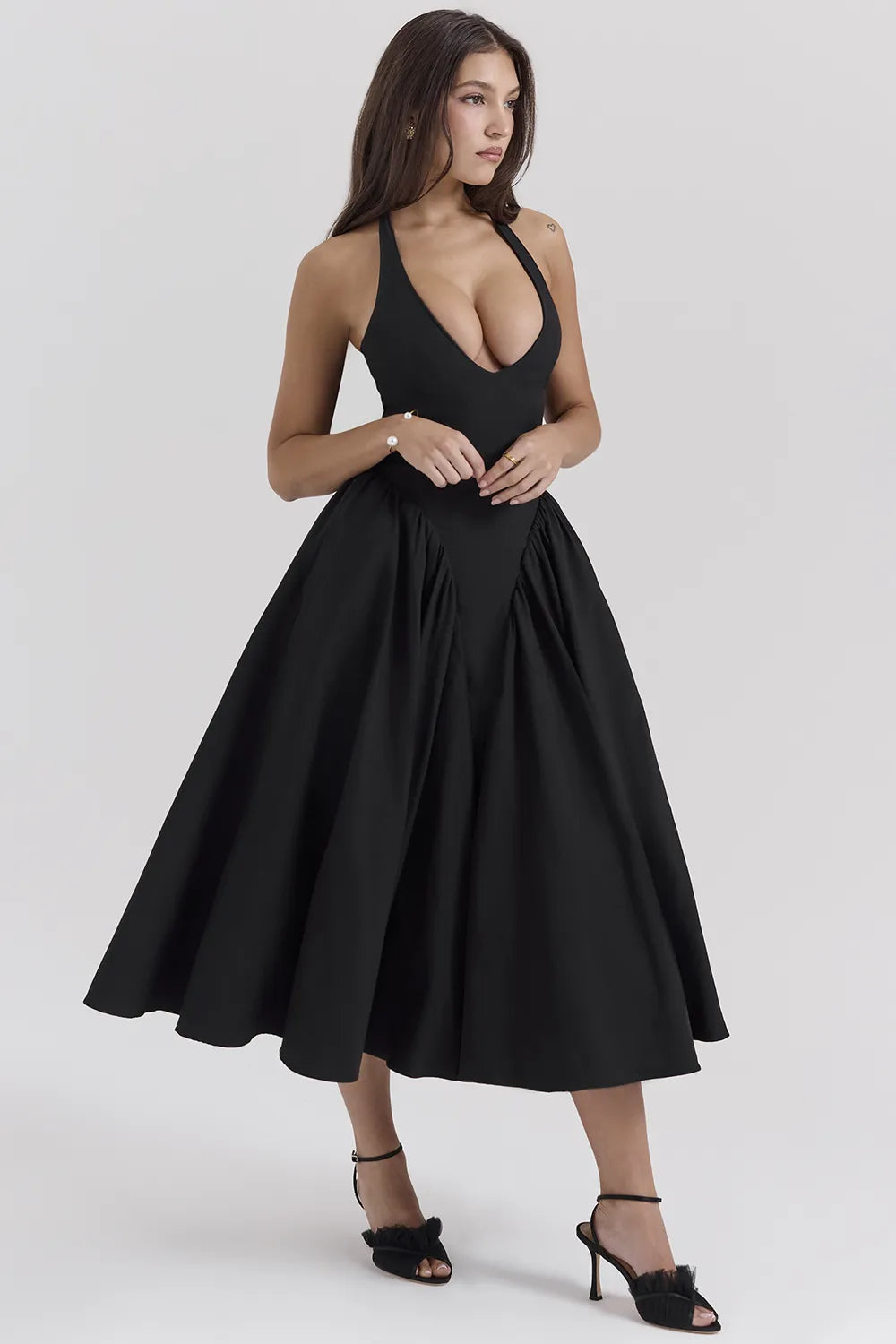 Marilyn Black Twill Halter Midi Dress