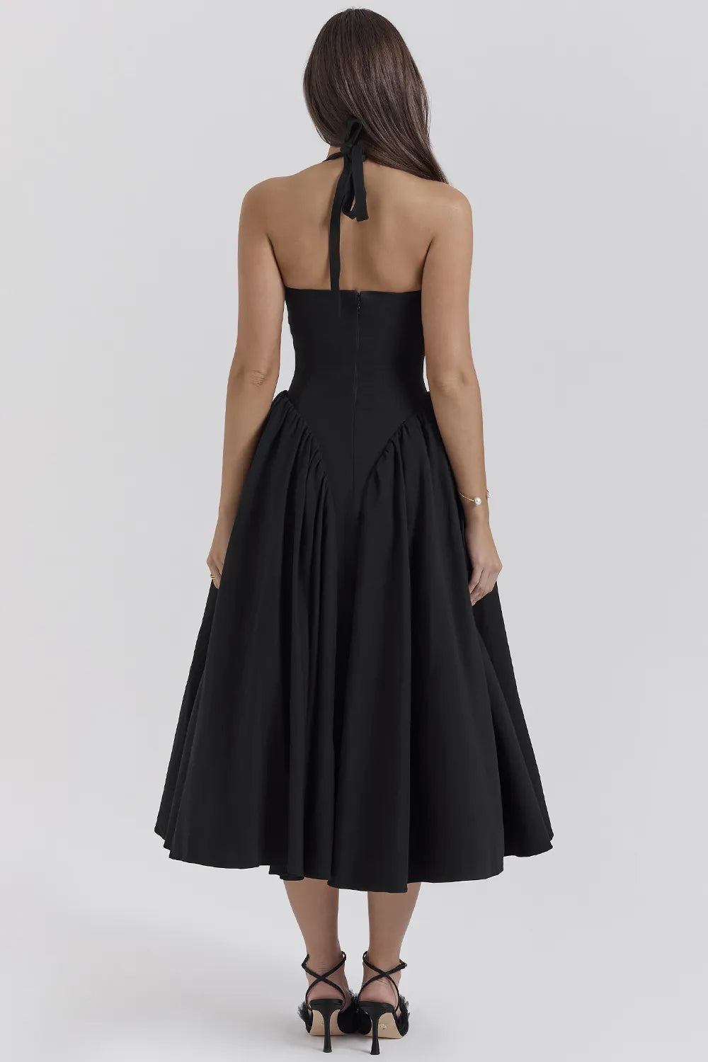 Marilyn Black Twill Halter Midi Dress