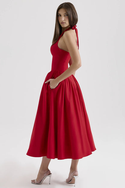 Marilyn Red Twill Halter Midi Dress