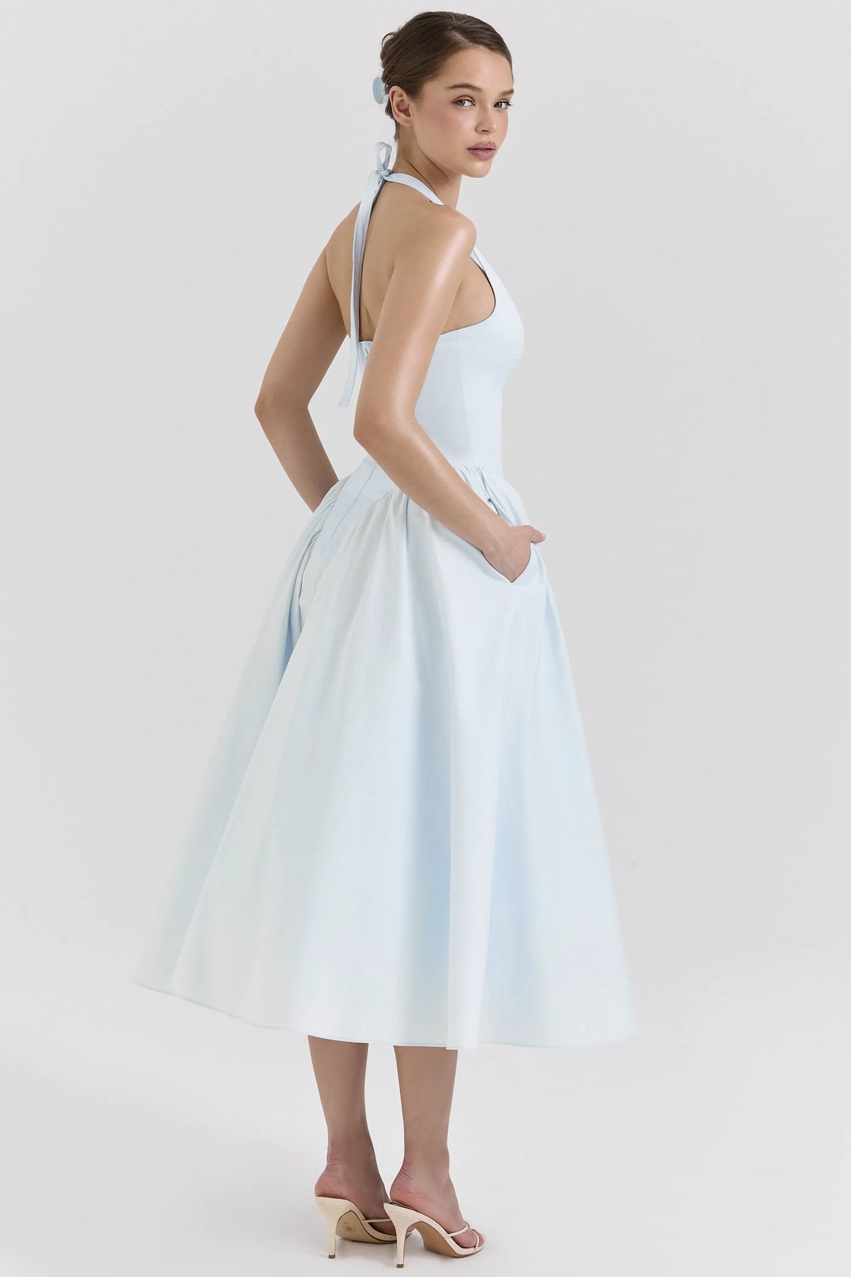 Marilyn Soft Blue Cotton Twill Halter Midi Sundress