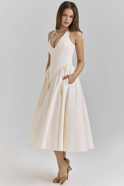 Marilyn Ecru Stretch Cotton Midi Sundress
