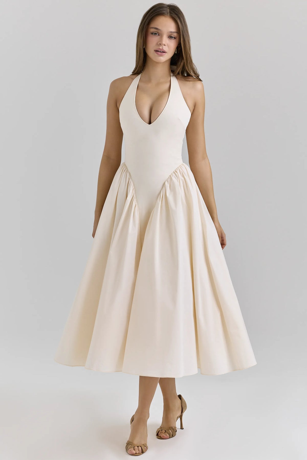 Marilyn Ecru Stretch Cotton Midi Sundress