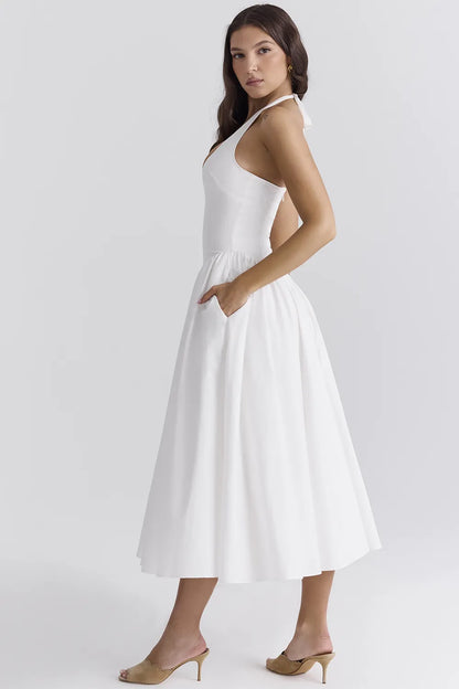 Marilyn White Cotton Halter Midi Sundress