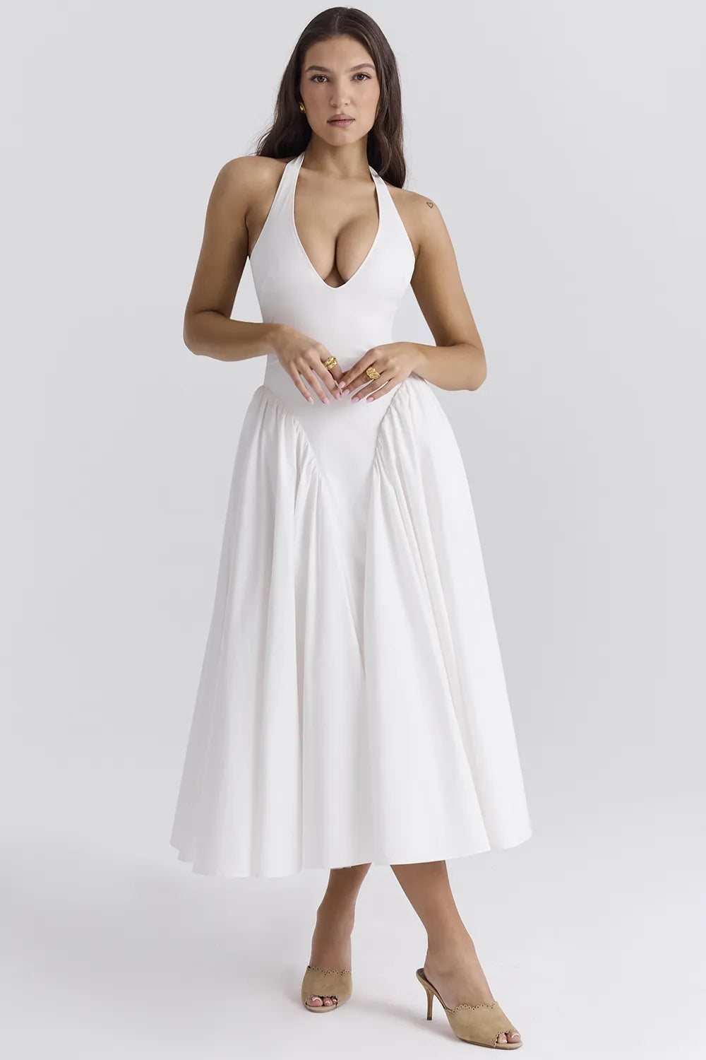 Marilyn White Cotton Halter Midi Sundress