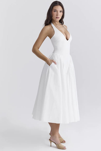 Marilyn White Cotton Halter Midi Sundress