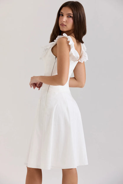 Mathilde White Cotton Broderie Anglaise Trim Midi Dress
