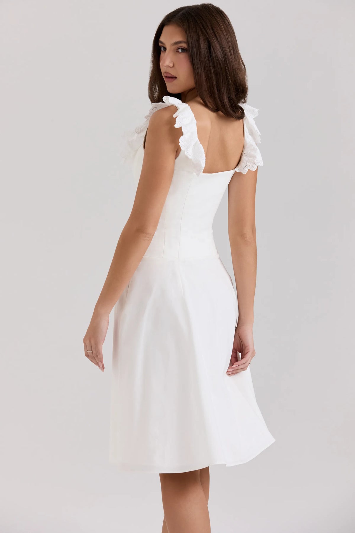 Mathilde White Cotton Broderie Anglaise Trim Midi Dress