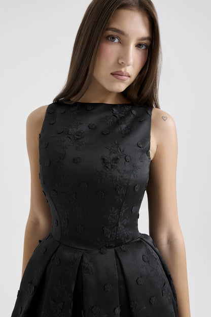 Melika Black Backless Embroidered Mini Puffball Dress