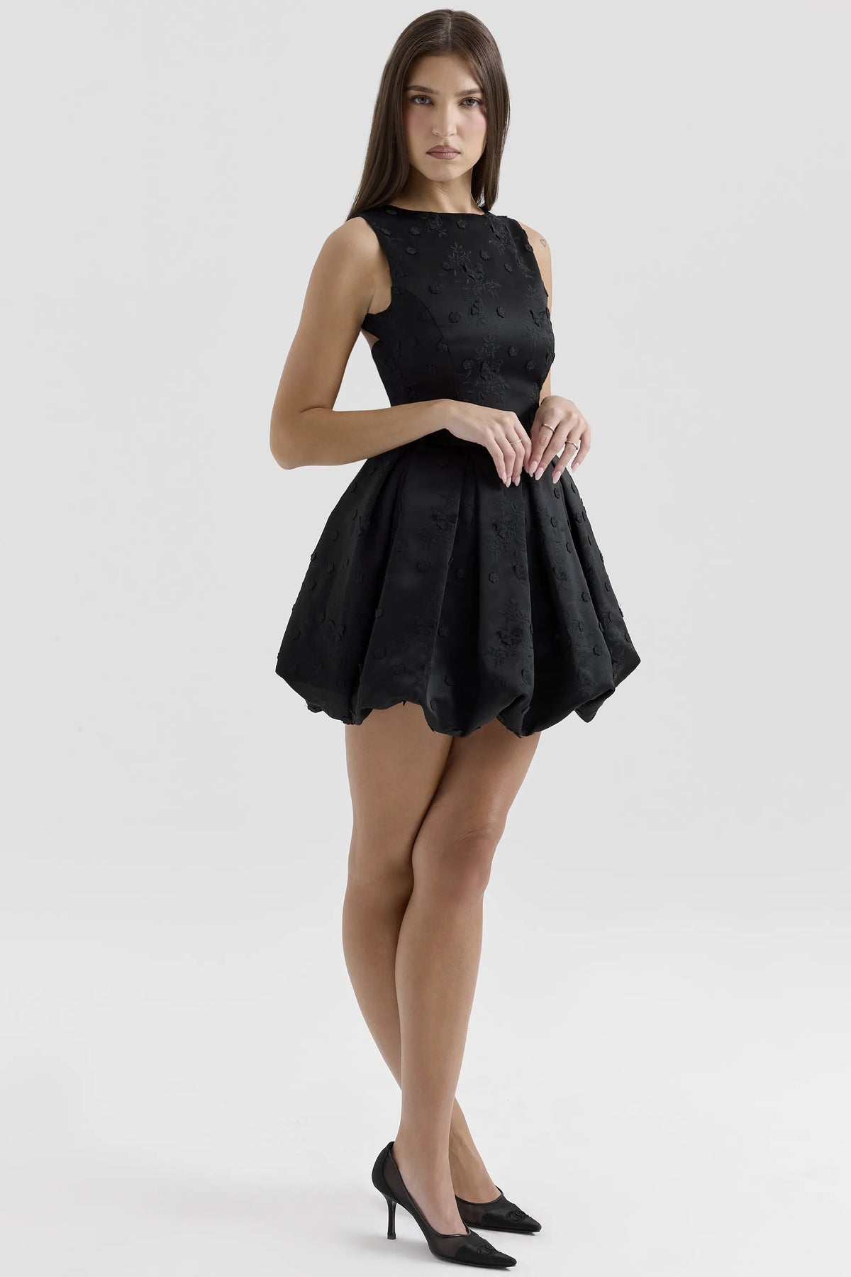 Melika Black Backless Embroidered Mini Puffball Dress