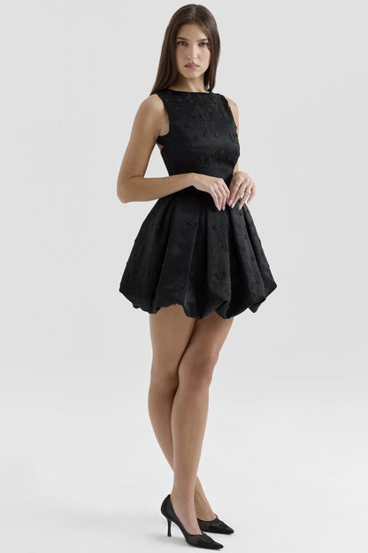 Melika Black Backless Embroidered Mini Puffball Dress