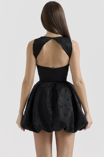 Melika Black Backless Embroidered Mini Puffball Dress