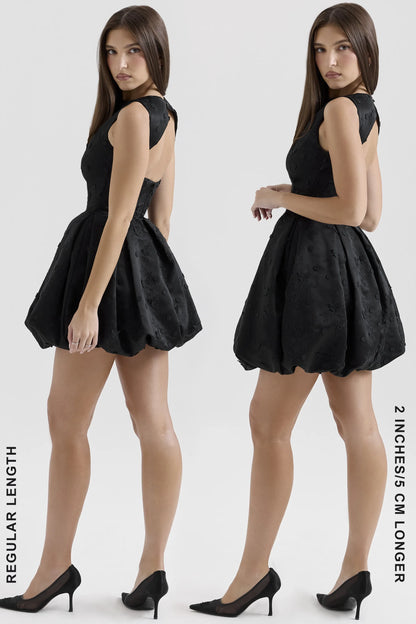 Melika Black Backless Embroidered Mini Puffball Dress