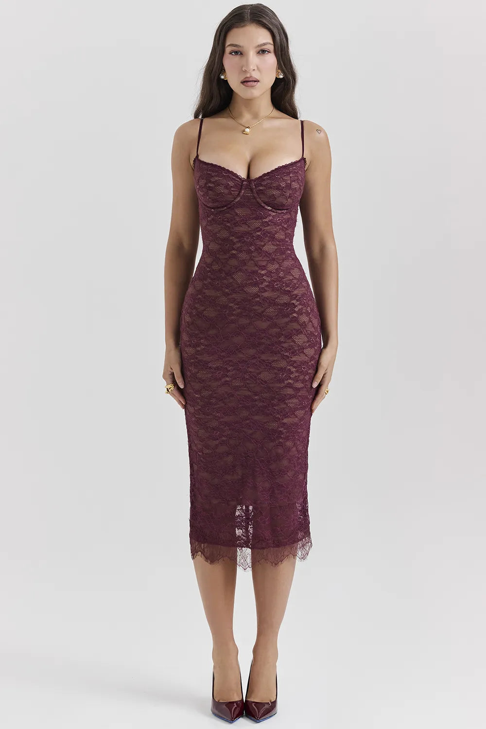 Melina Mulberry Lace Midi Dress