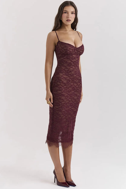 Melina Mulberry Lace Midi Dress