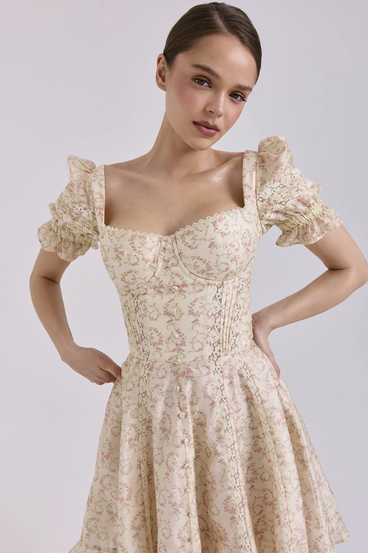 Melita Cream Floral Print Chiffon Puff Sleeve Mini Dress