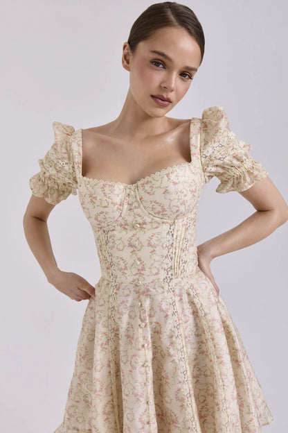 Melita Cream Floral Print Chiffon Puff Sleeve Mini Dress