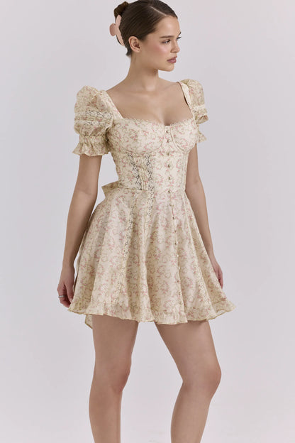 Melita Cream Floral Print Chiffon Puff Sleeve Mini Dress