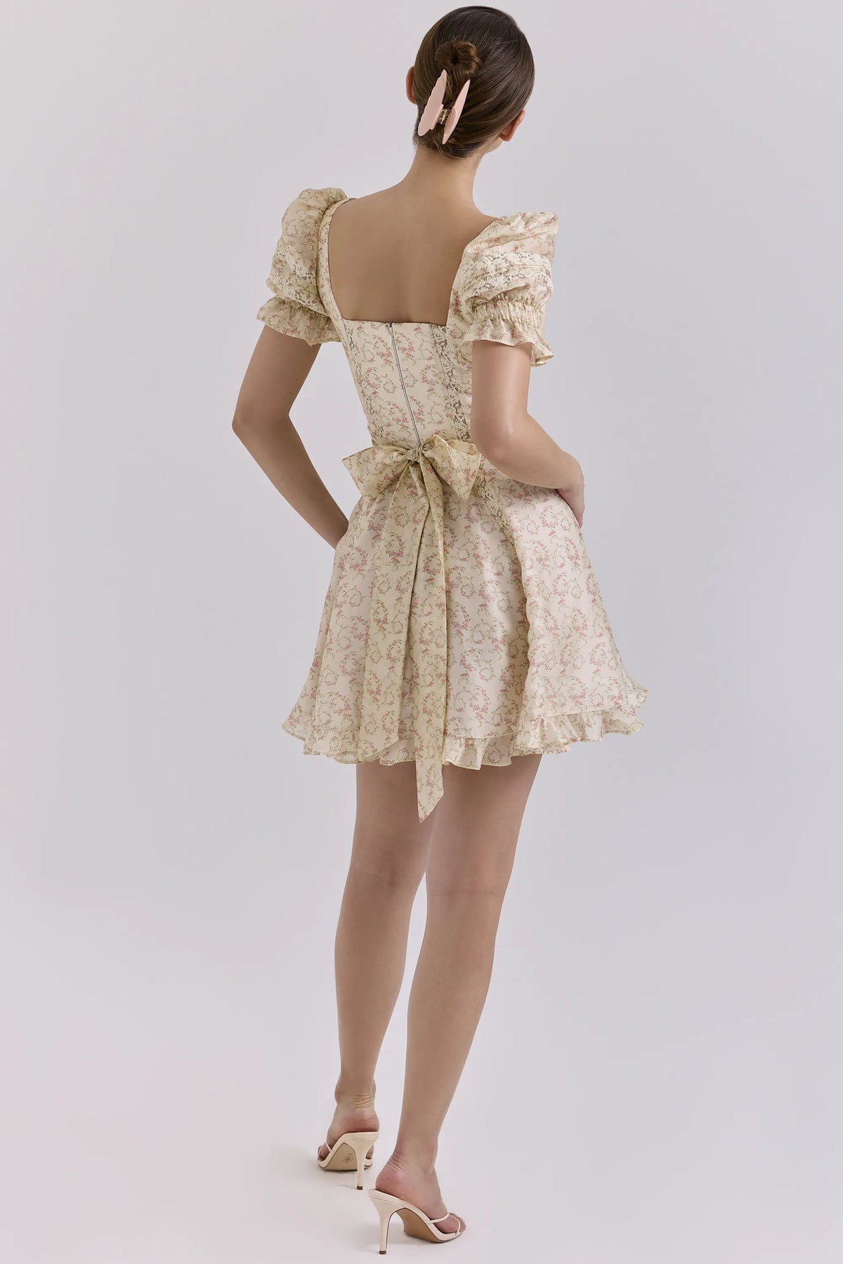 Melita Cream Floral Print Chiffon Puff Sleeve Mini Dress
