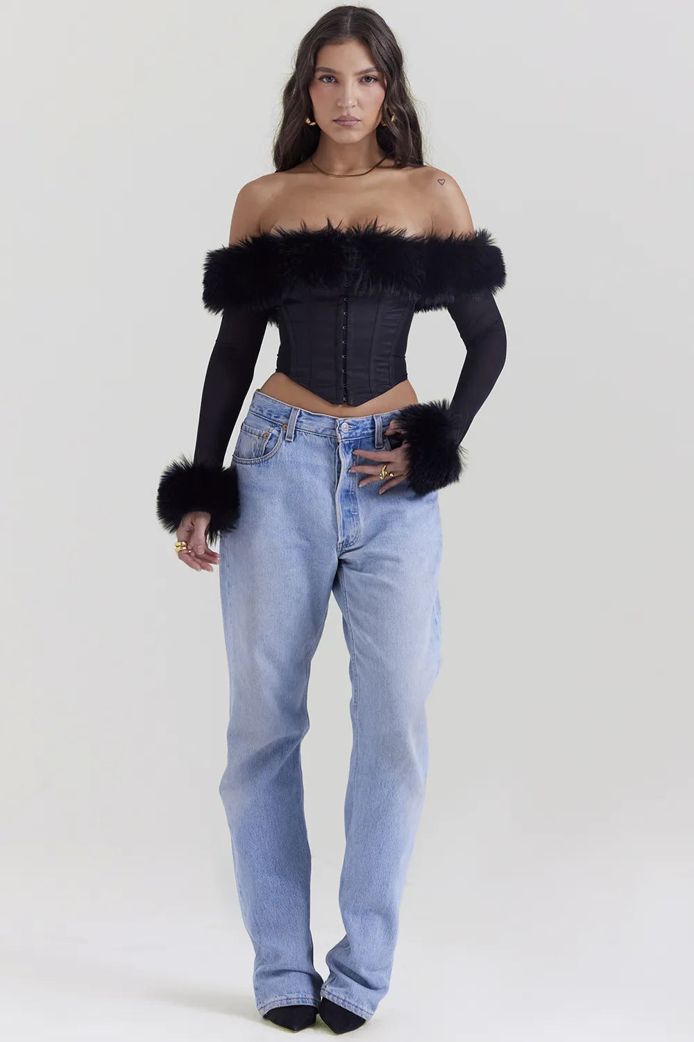Merle Black Faux Fur Trim Corset