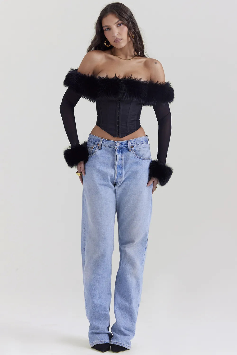 Merle Black Faux Fur Trim Corset