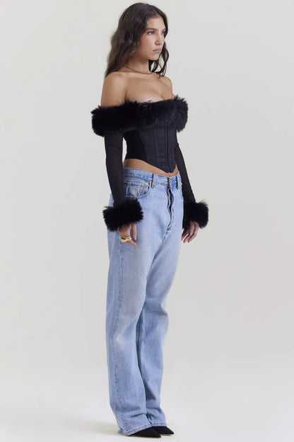 Merle Black Faux Fur Trim Corset