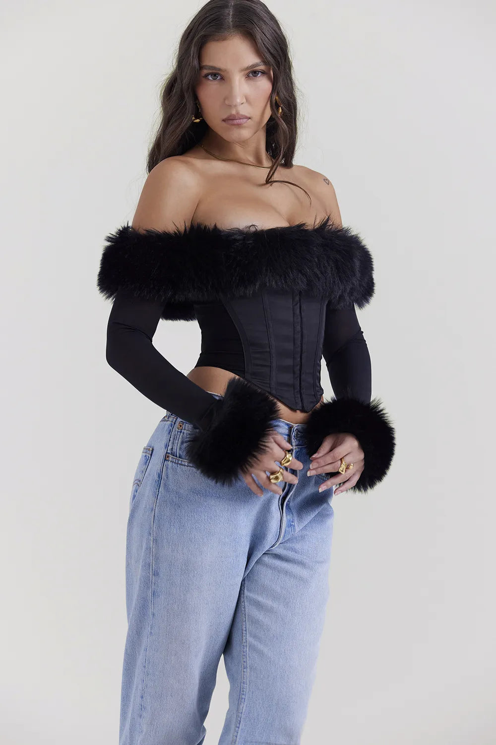 Merle Black Faux Fur Trim Corset