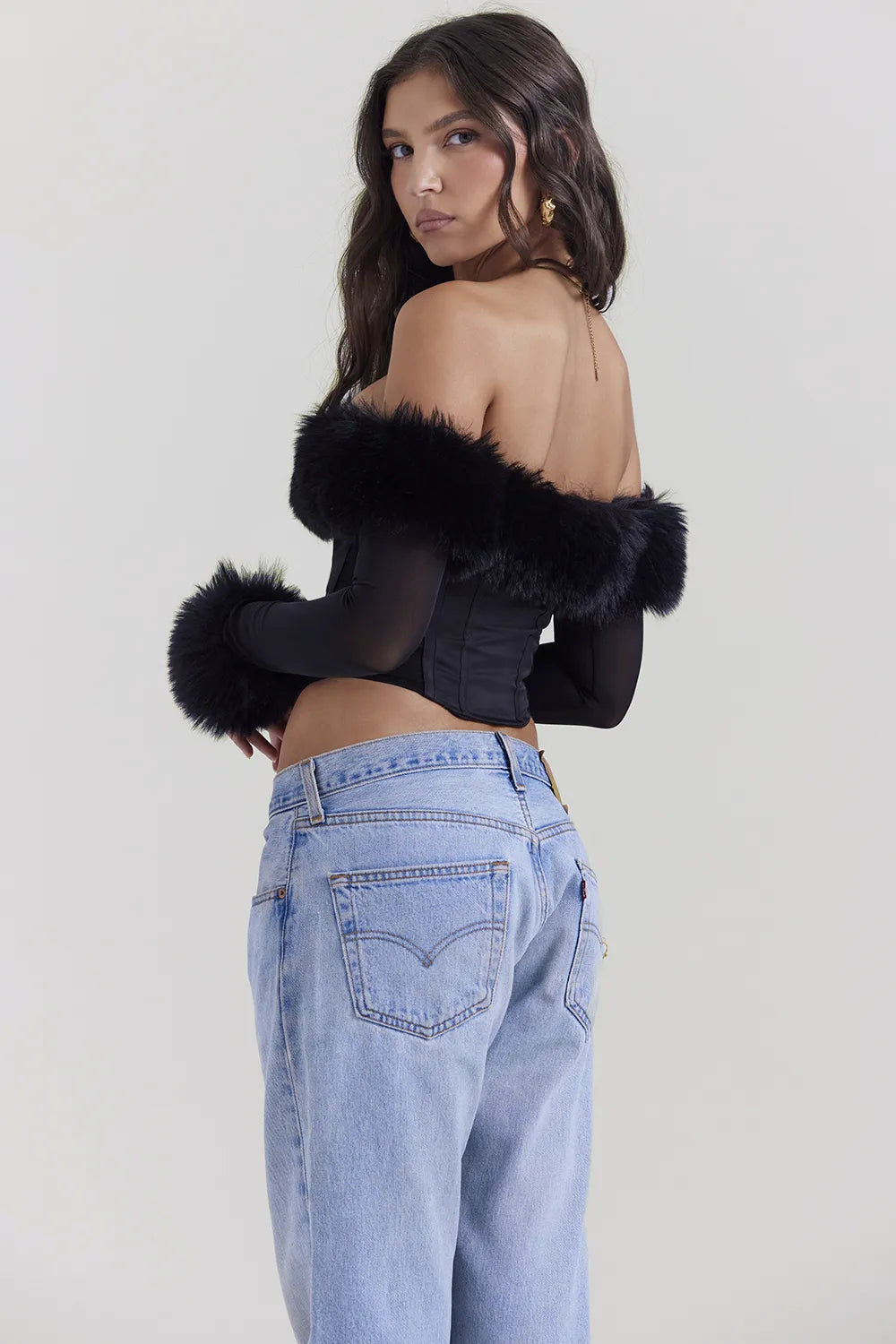 Merle Black Faux Fur Trim Corset