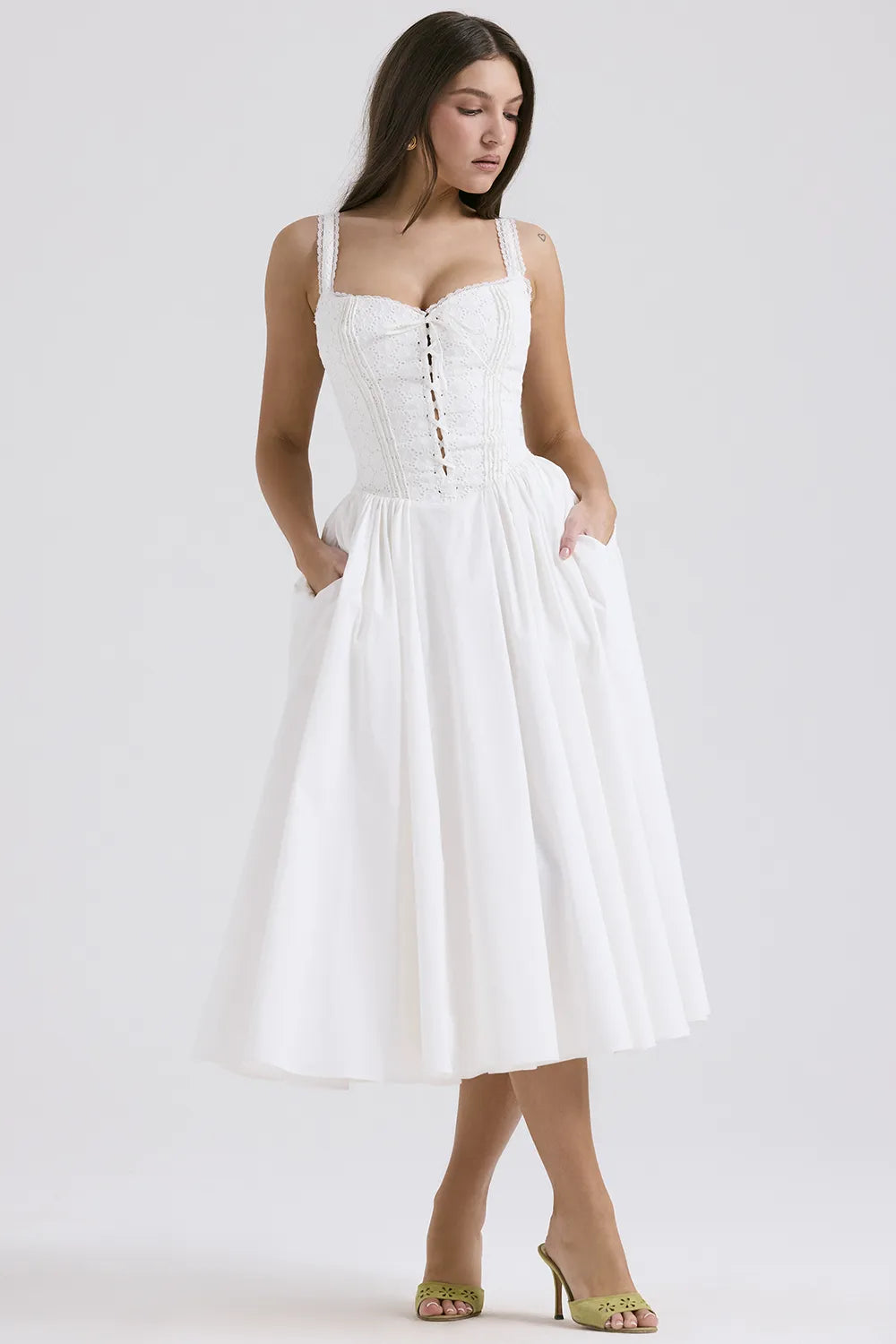 Milia White Broderie Anglais & Cotton Midi Dress