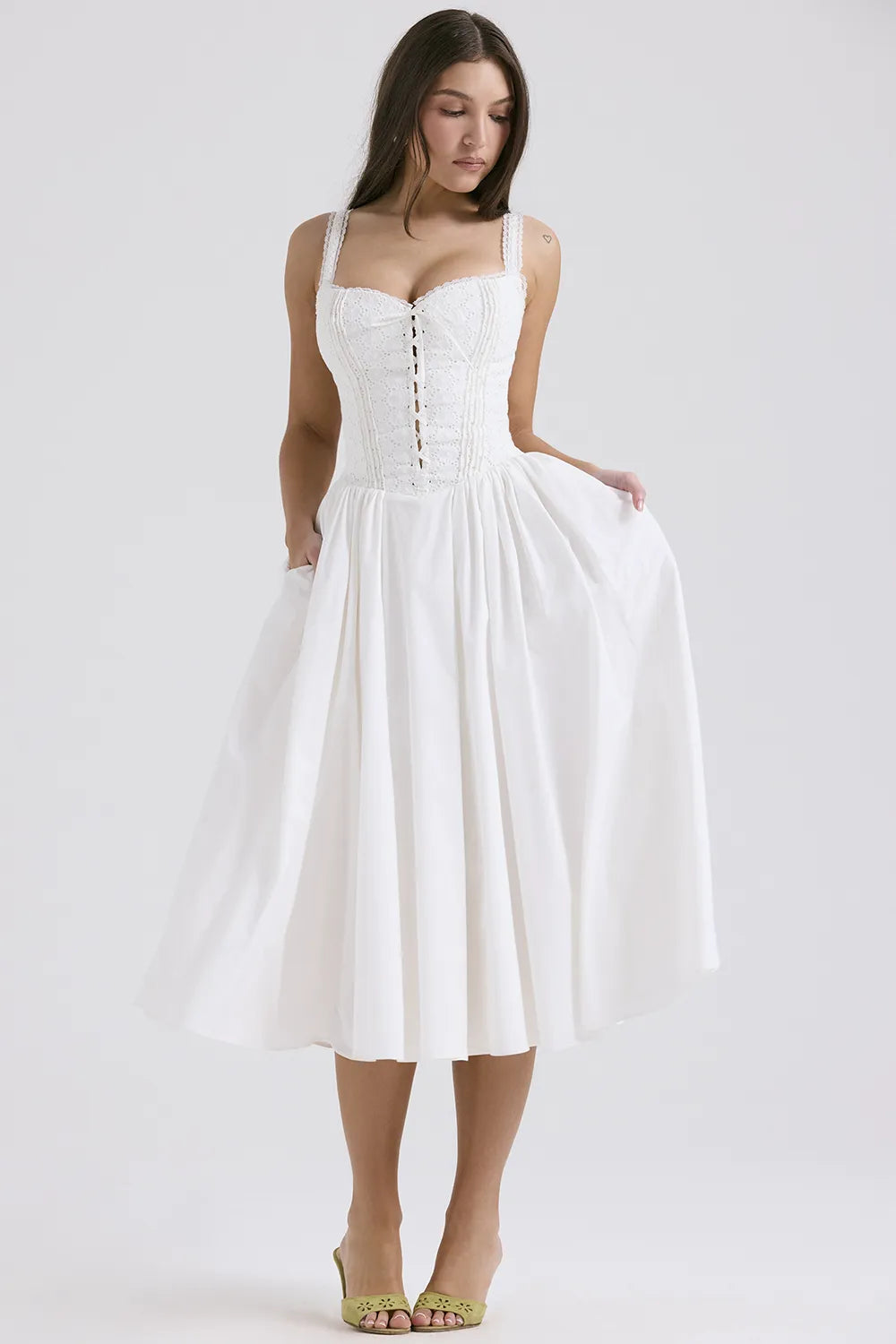 Milia White Broderie Anglais & Cotton Midi Dress