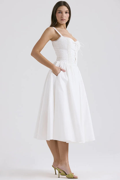 Milia White Broderie Anglais & Cotton Midi Dress