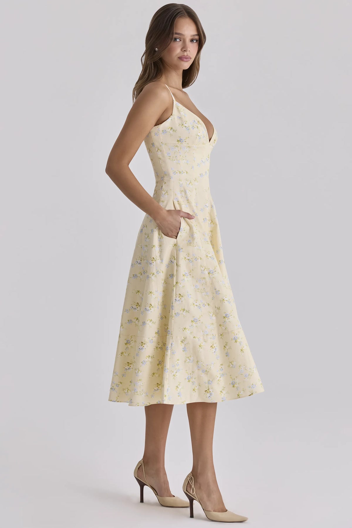 Millie Lemon Floral Print Strappy Cotton Midi Sundress