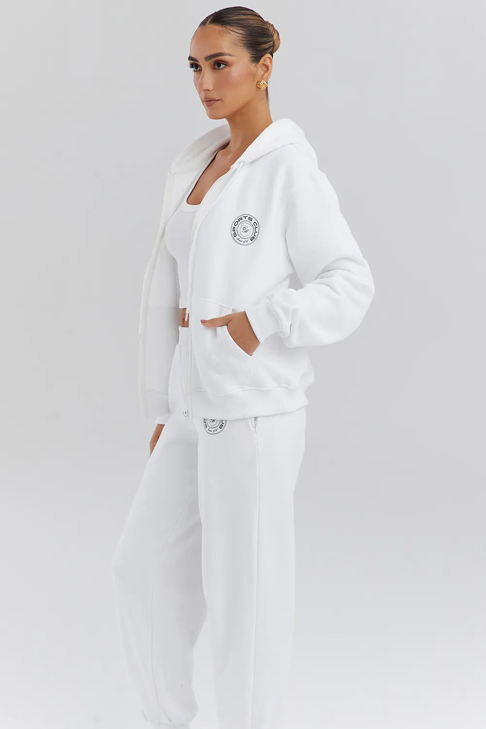 Mirage White Cotton Fleece-Back Zip Through Hoodie