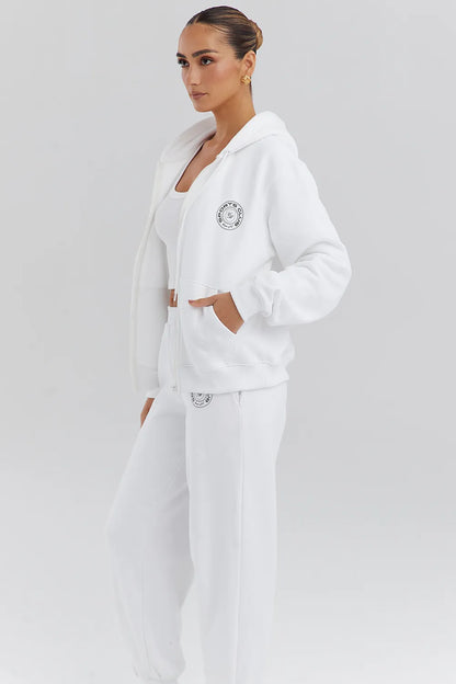 Mirage White Cotton Fleece-Back Zip Through Hoodie