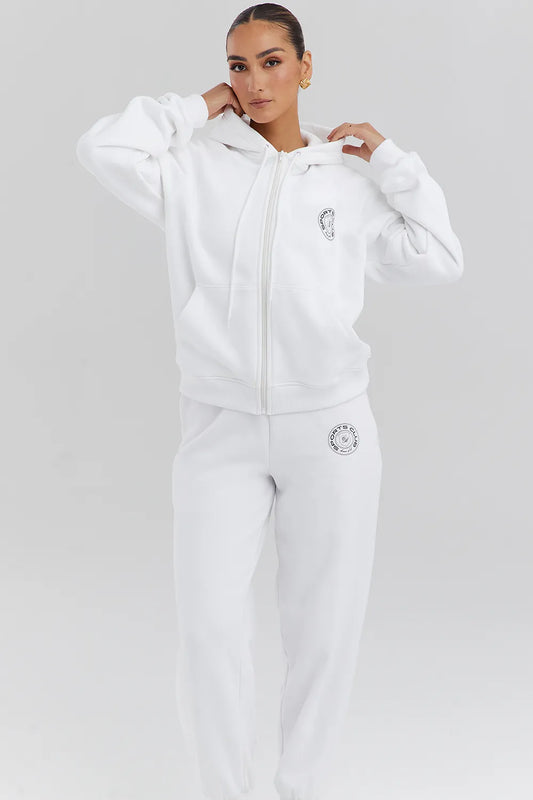 Mirage White Cotton Fleece-Back Zip Through Hoodie
