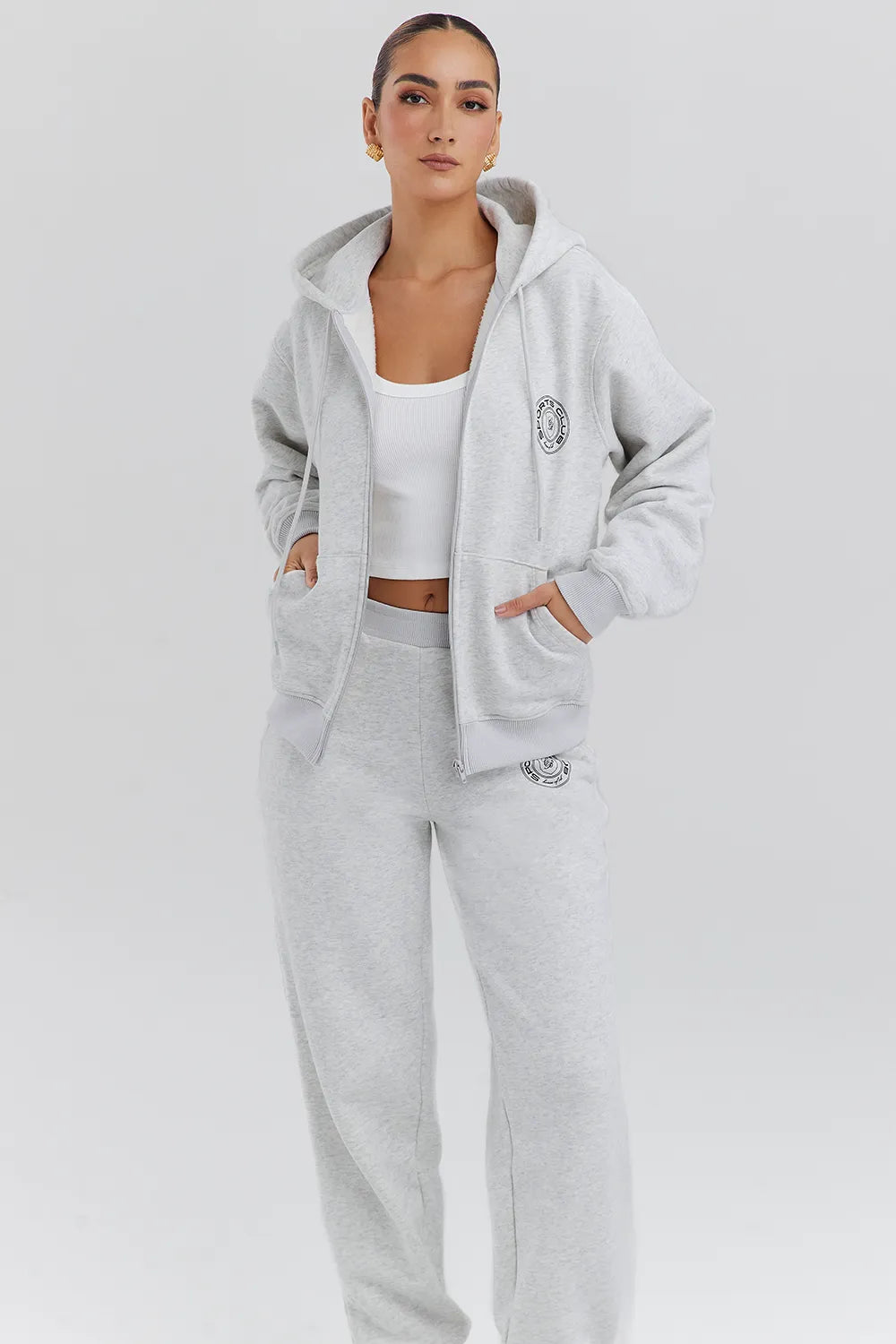 Mirage Light Grey Marl Cotton Fleece-Back Zip Through Hoodie