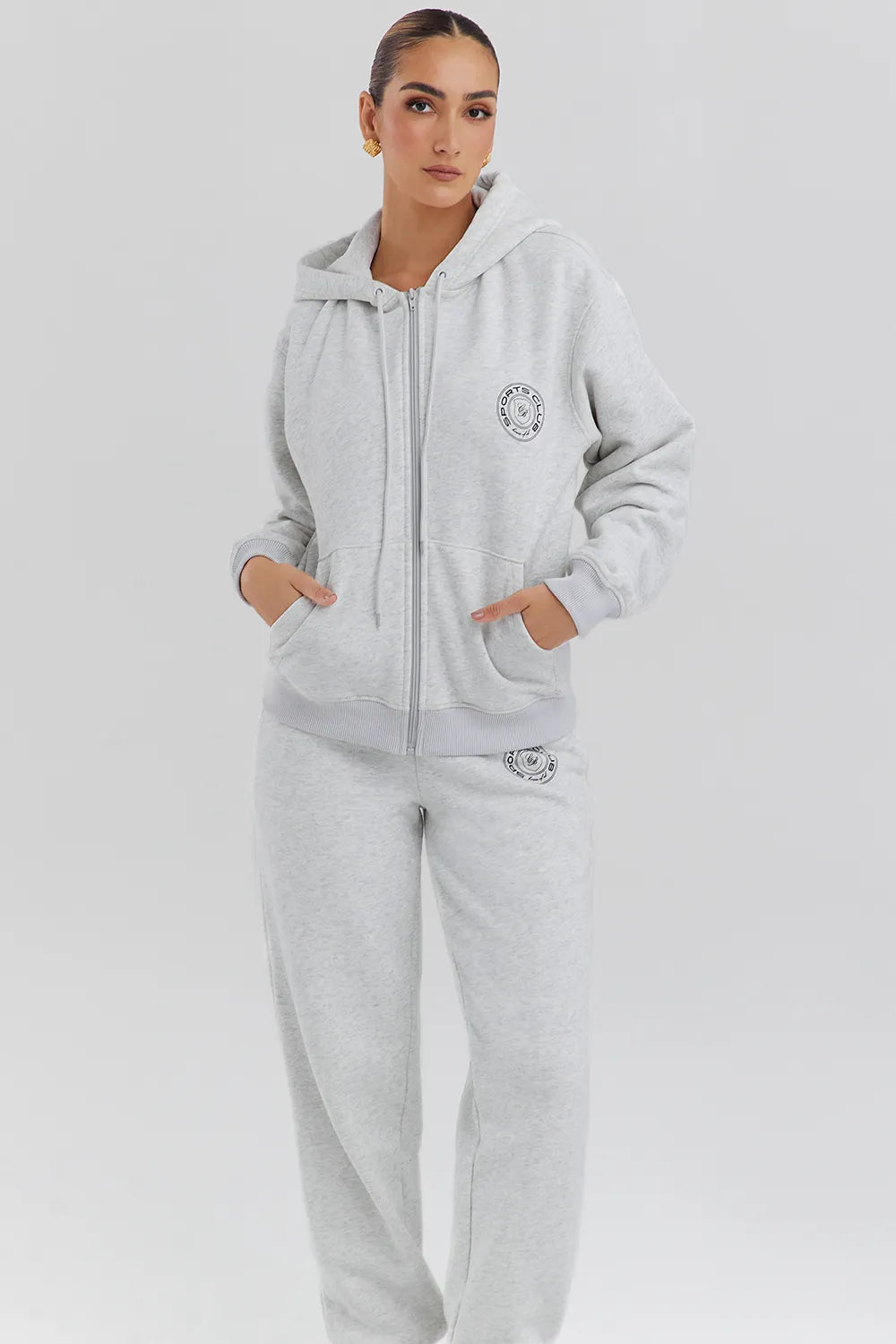 Mirage Light Grey Marl Cotton Fleece-Back Zip Through Hoodie