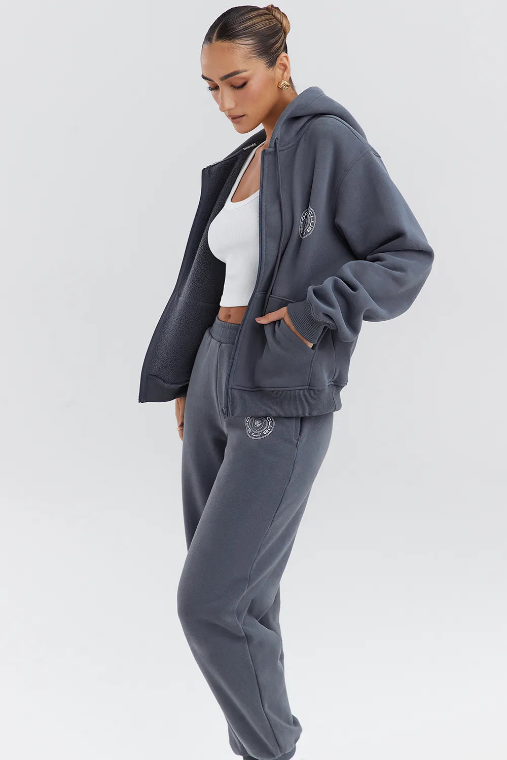 Mirage Slate Cotton Fleece-Back Zip Through Hoodie