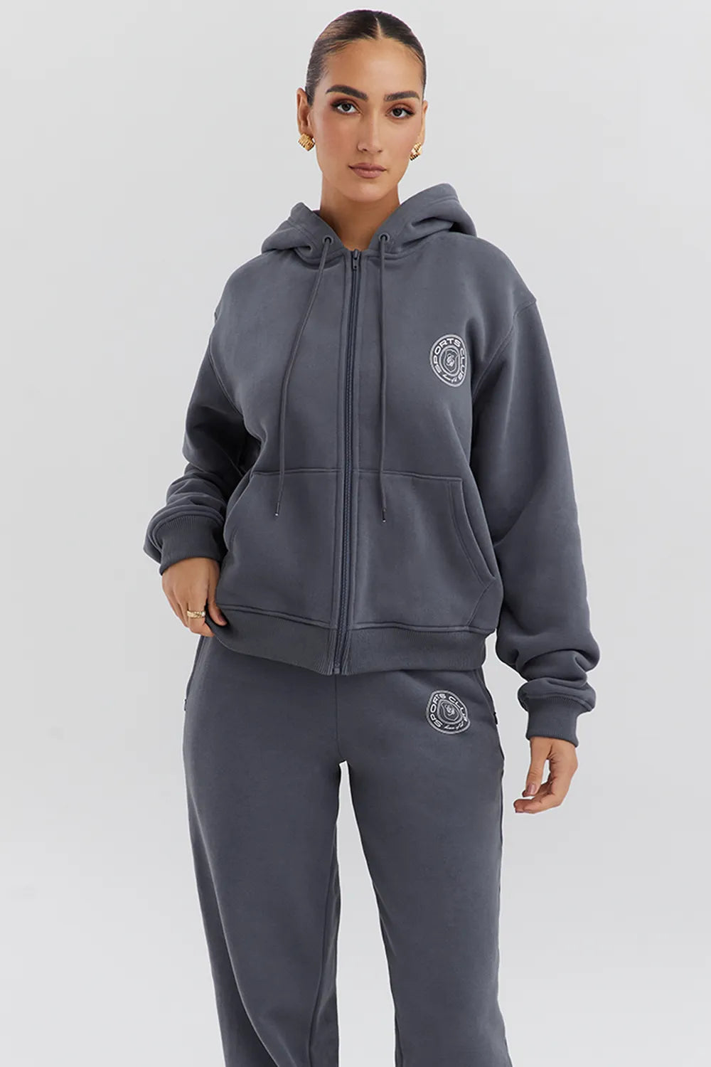 Mirage Slate Cotton Fleece-Back Zip Through Hoodie