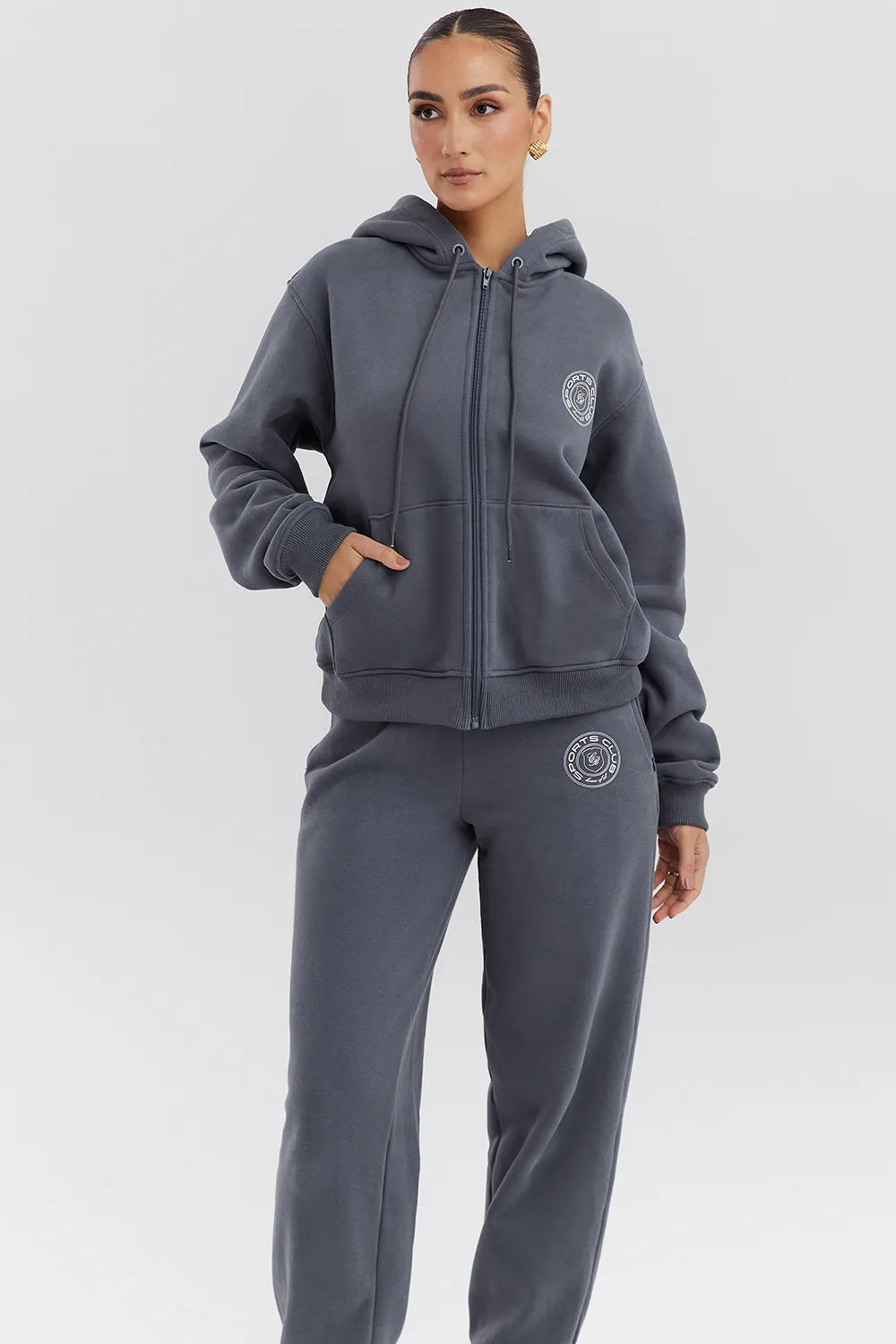 Mirage Slate Cotton Fleece-Back Zip Through Hoodie