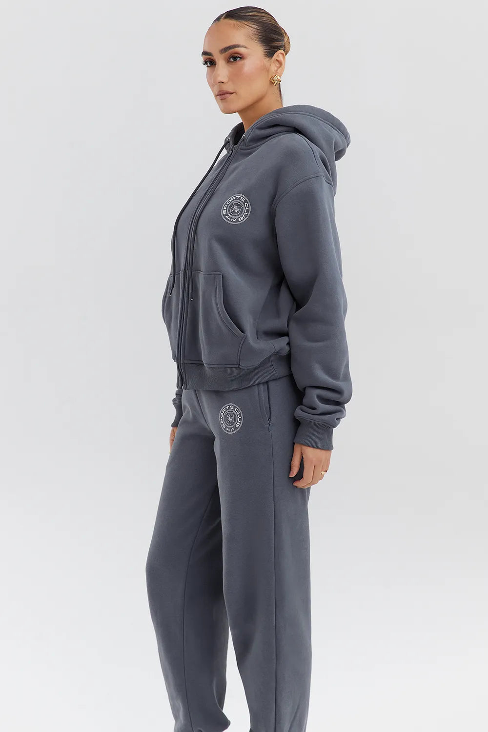 Mirage Slate Cotton Fleece-Back Zip Through Hoodie