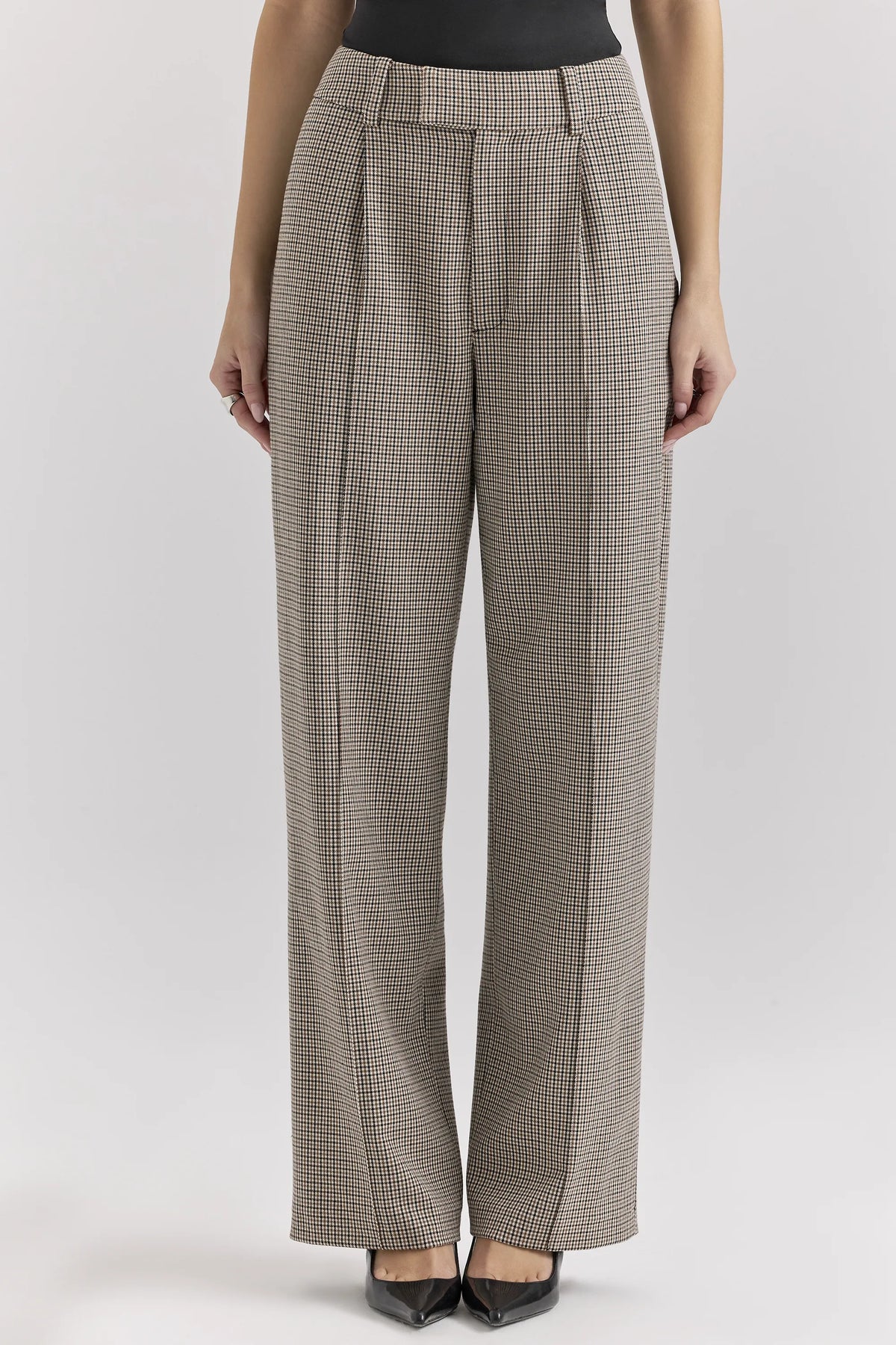 Hayden Brown Puppytooth Wide Leg High Waist Tailored Trousers