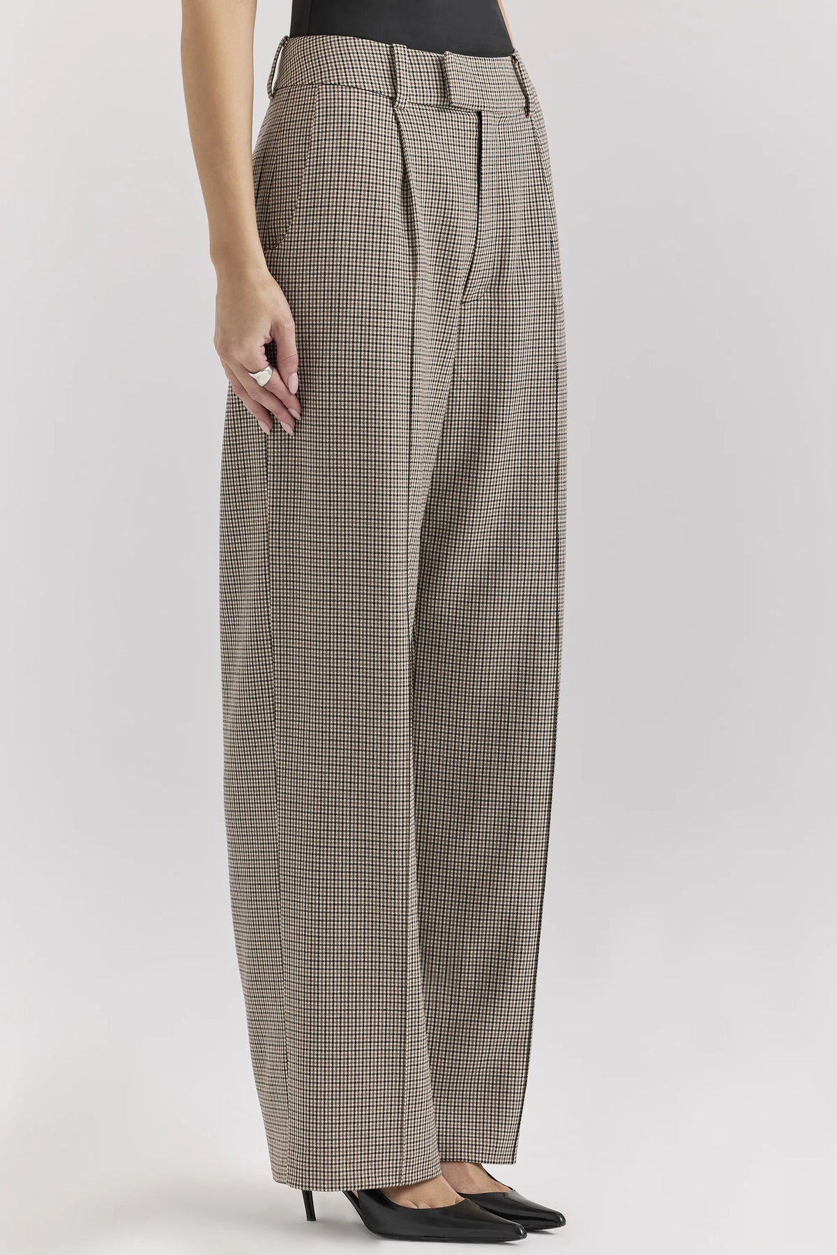 Hayden Brown Puppytooth Wide Leg High Waist Tailored Trousers