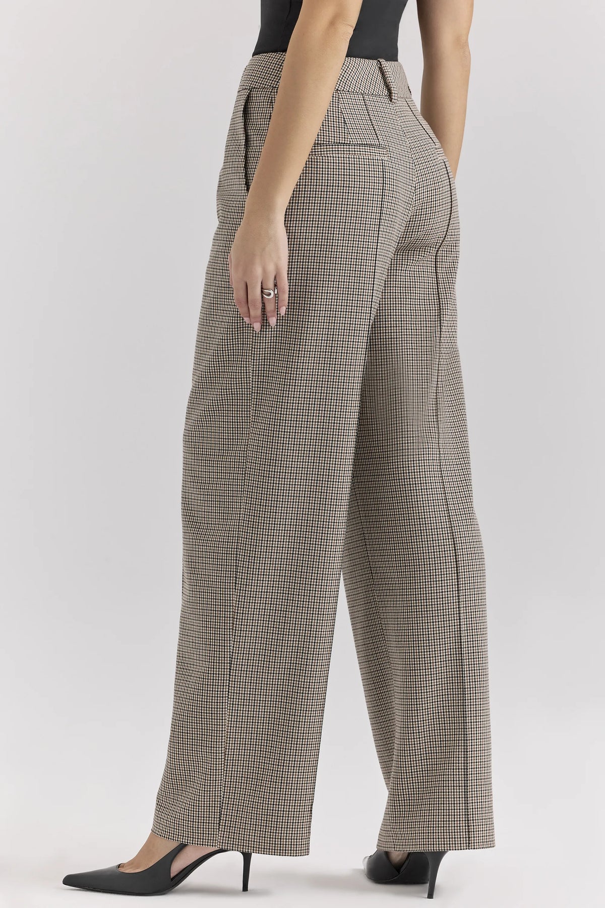 Hayden Brown Puppytooth Wide Leg High Waist Tailored Trousers