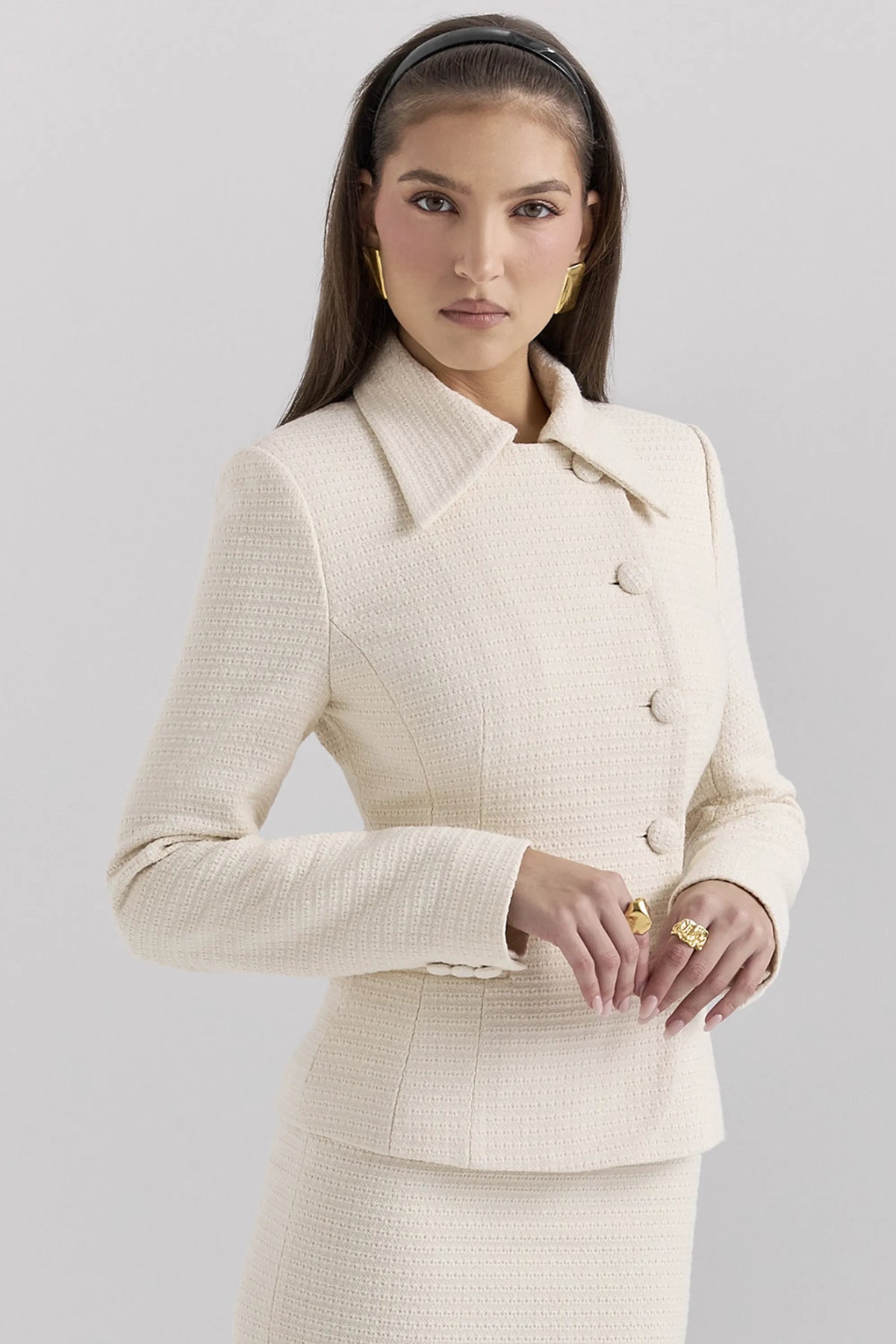 Misha Cream Boucle Button Front Blazer