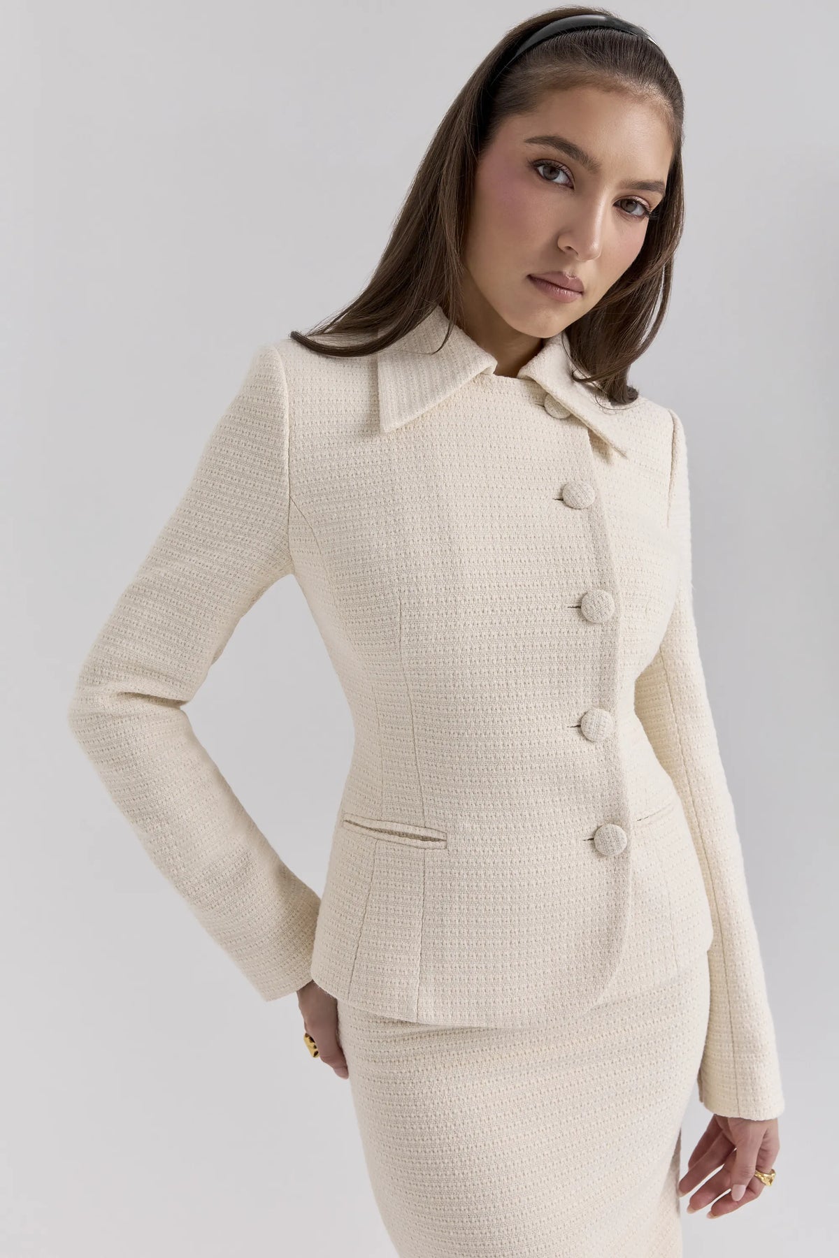 Misha Cream Boucle Button Front Blazer