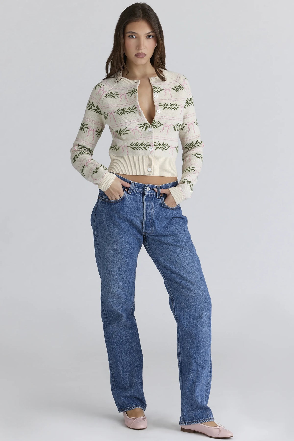 Mistle-Bow All Over Print Wool Cardigan