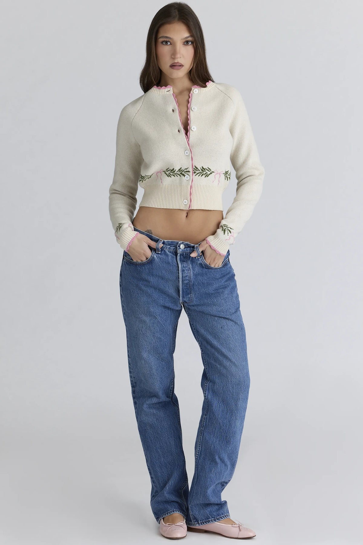 Mistle-Bow Cream Jacqard Wool Cardigan