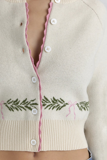 Mistle-Bow Cream Jacqard Wool Cardigan