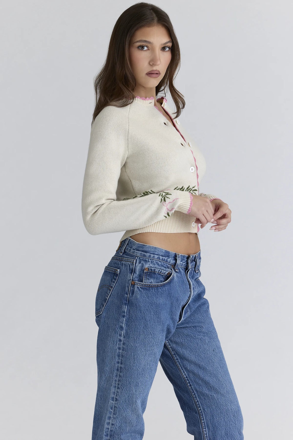 Mistle-Bow Cream Jacqard Wool Cardigan