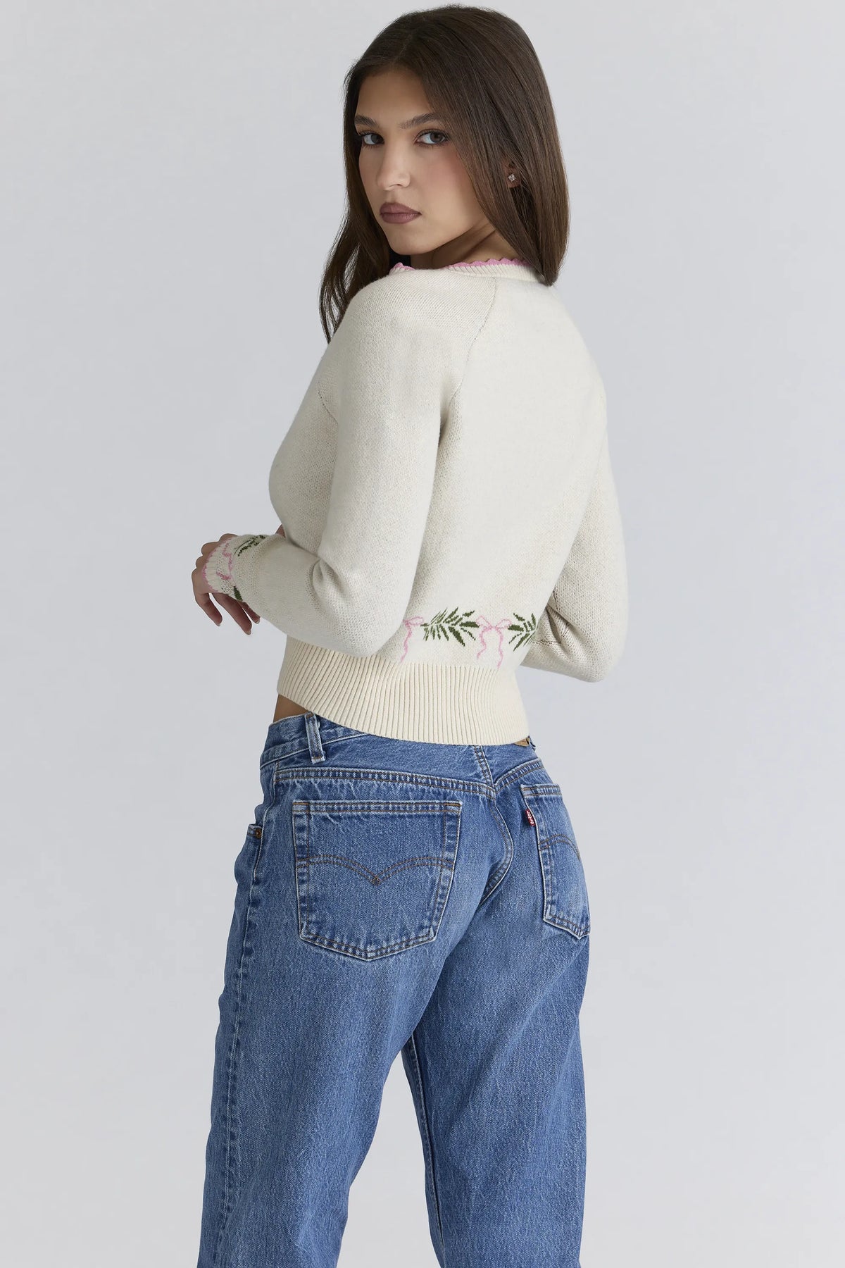 Mistle-Bow Cream Jacqard Wool Cardigan